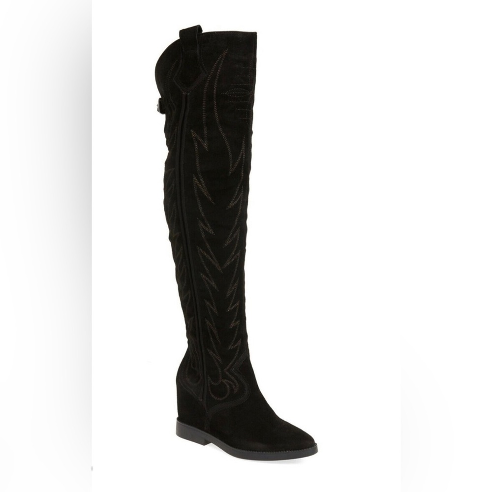 ASH Gaucho Over-the-Knee Boot WEDGE PLATFORM BLACK SUEDE STITCHING 37 NWOT